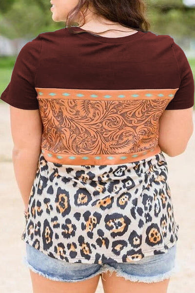 Marble Print Buckstitch Splicing Color Block Plus Size T-shirt