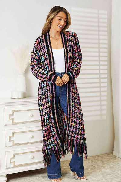 Double Take Full Size Multicolored Open Front Fringe Hem Western Boho Cardigan