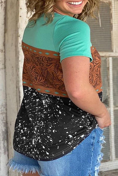 Marble Print Buckstitch Splicing Color Block Plus Size T-shirt