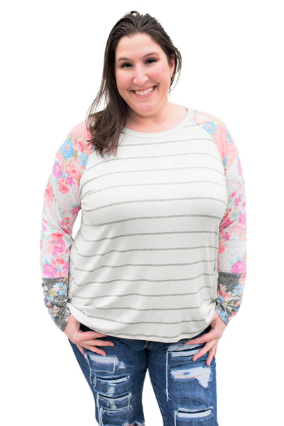 Stripe Print Plus Size Floral Long Sleeve Top