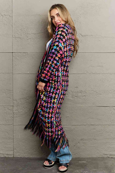Multicolored Open Front Fringe Hem Western Boho Cardigan