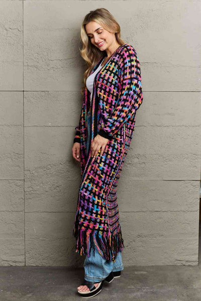 Multicolored Open Front Fringe Hem Western Boho Cardigan