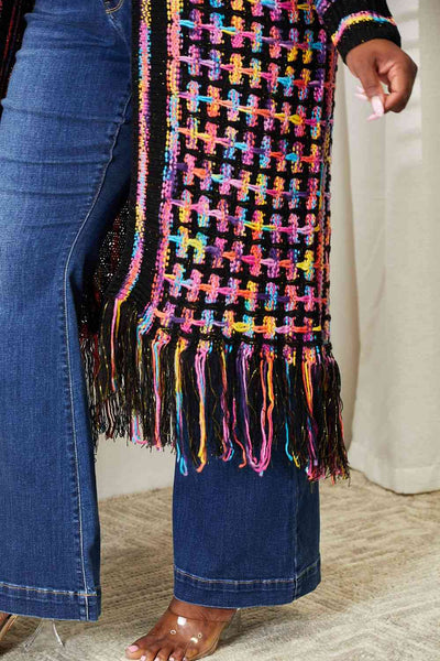 Double Take Full Size Multicolored Open Front Fringe Hem Western Boho Cardigan
