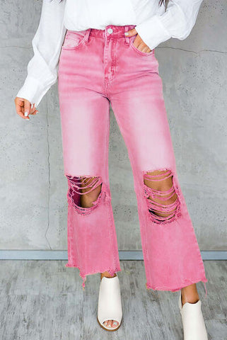 Distressed Raw Hem Western Bobo Jeans with Pockets