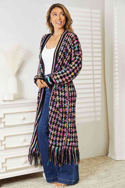 Double Take Full Size Multicolored Open Front Fringe Hem Western Boho Cardigan