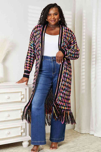 Double Take Full Size Multicolored Open Front Fringe Hem Western Boho Cardigan