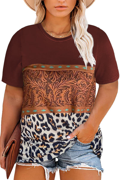 Marble Print Buckstitch Splicing Color Block Plus Size T-shirt