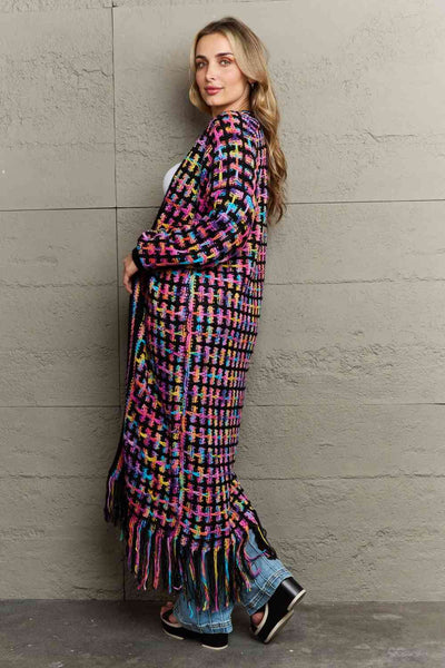 Multicolored Open Front Fringe Hem Western Boho Cardigan