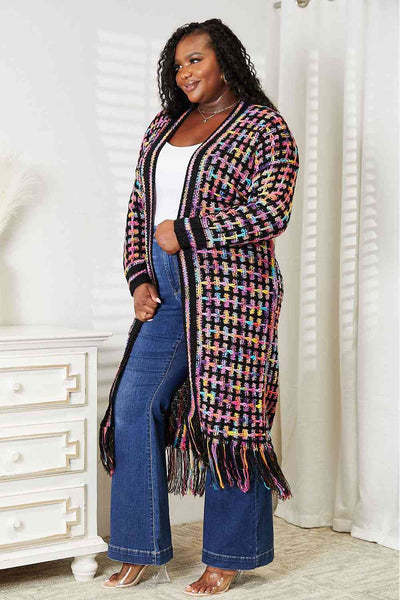 Double Take Full Size Multicolored Open Front Fringe Hem Western Boho Cardigan