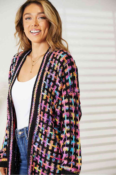 Double Take Full Size Multicolored Open Front Fringe Hem Western Boho Cardigan