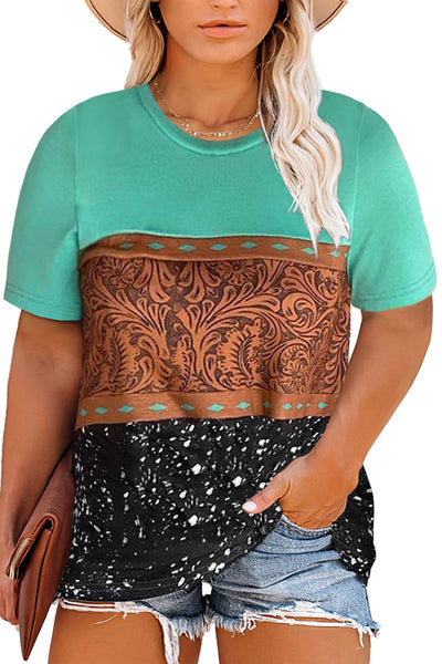 Marble Print Buckstitch Splicing Color Block Plus Size T-shirt