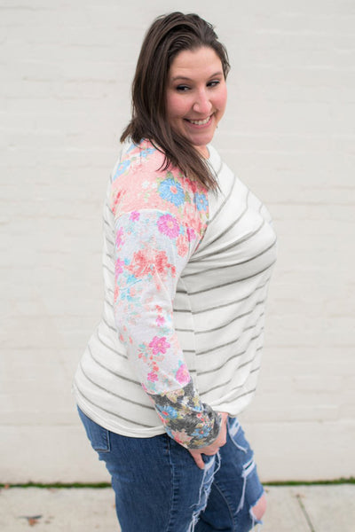 Stripe Print Plus Size Floral Long Sleeve Top