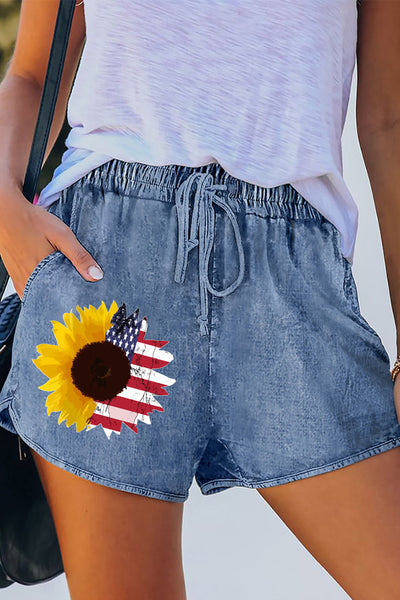 Elastic Waist Drawstring Denim Shorts