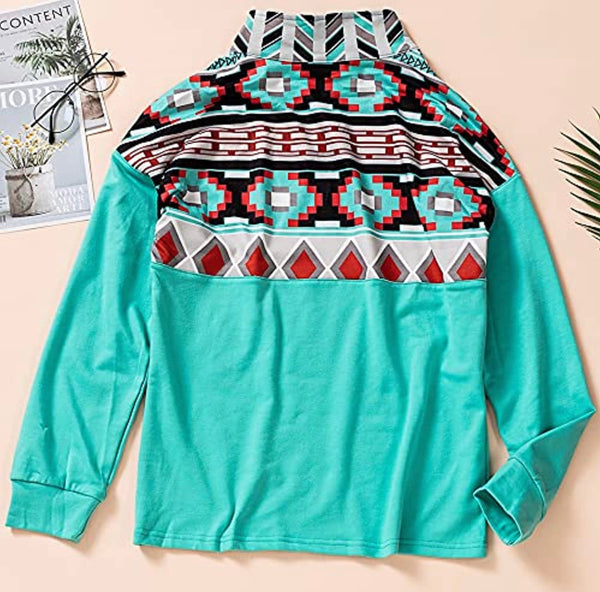Teal Aztec Print Colorblock Zipper Collar Sweatshirt