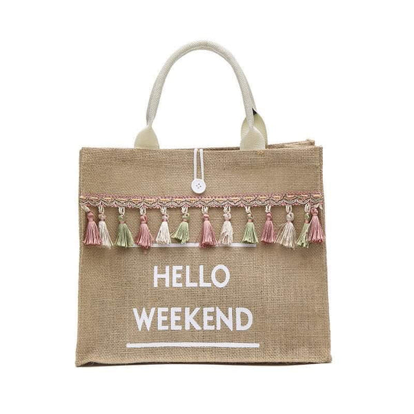 New Womens Hello Weekend Linen Tassel Reusable Shopping Shoulder Tote Bag
