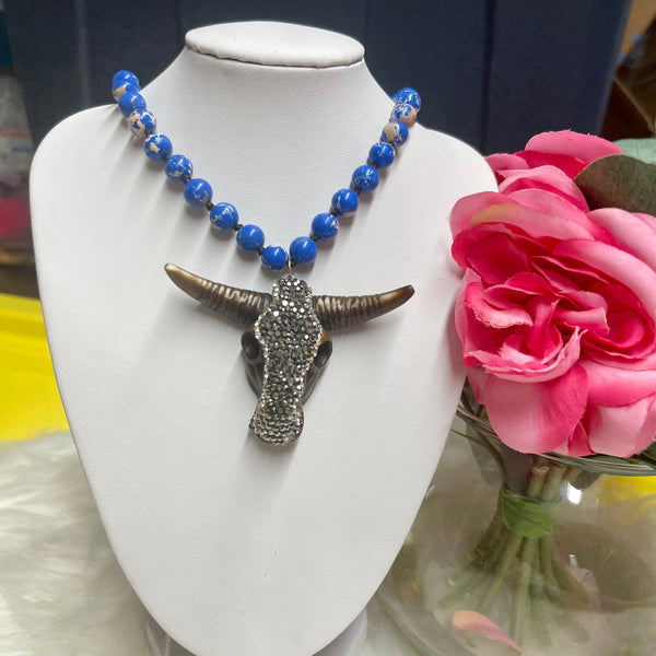 Stone Longhorn Cow Skull 30in Beaded Necklace