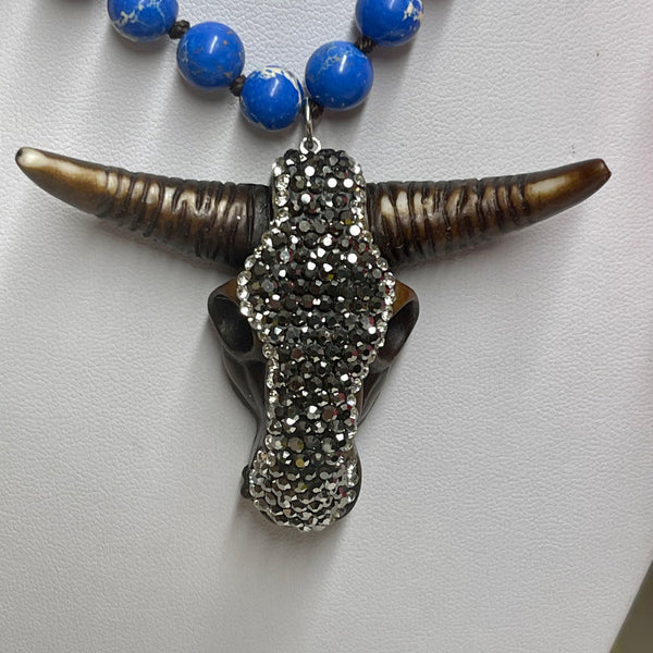 Stone Longhorn Cow Skull 30in Beaded Necklace