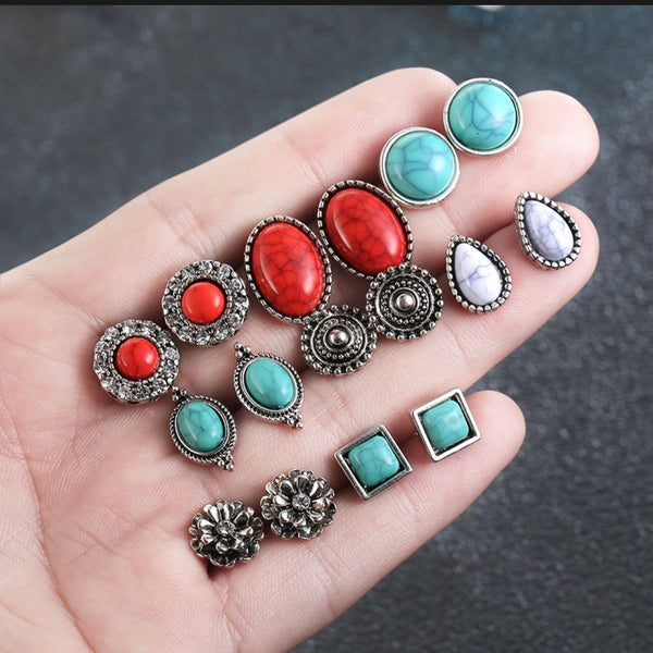 12 Pair Set Womens Marble Acrylic Fashion Stud Earrings