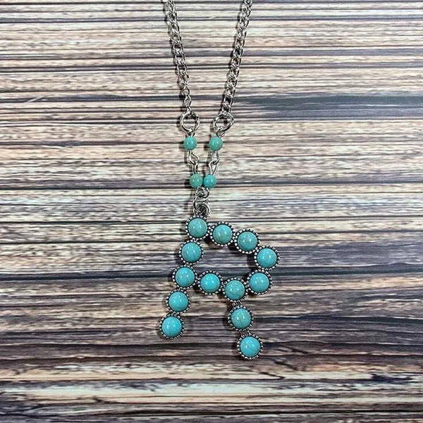 Western Boho Turquoise Initial Letter Pendant Chain Necklace