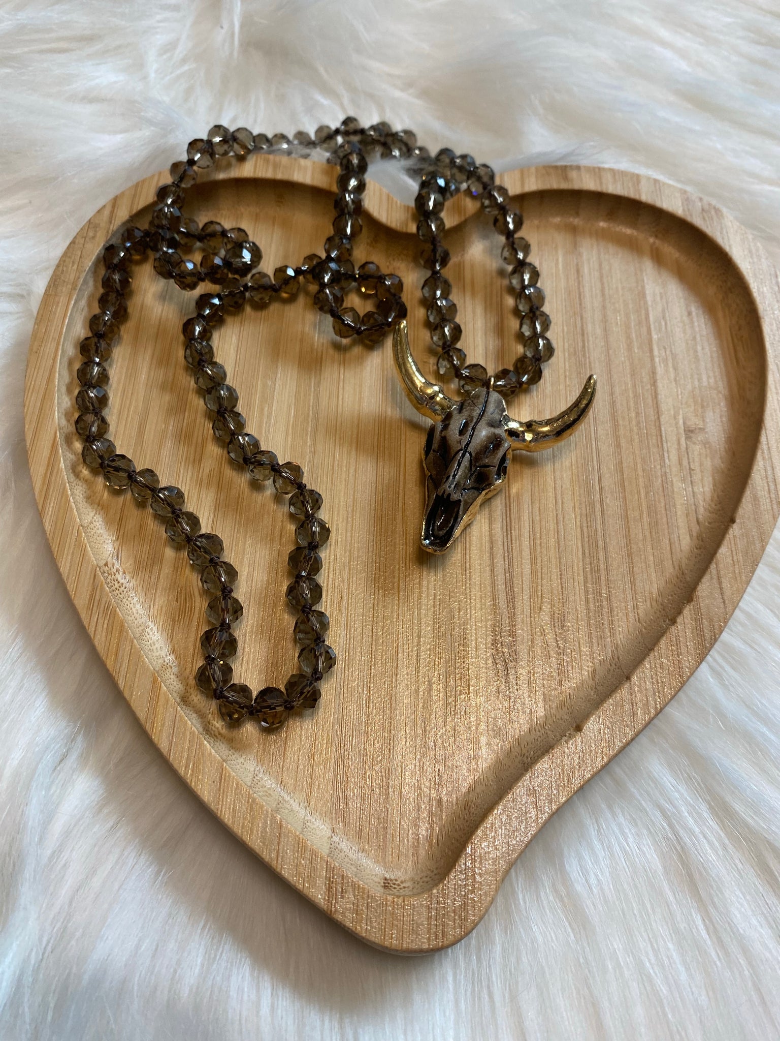 Stone Longhorn Cow Skull 30in Beaded Necklace