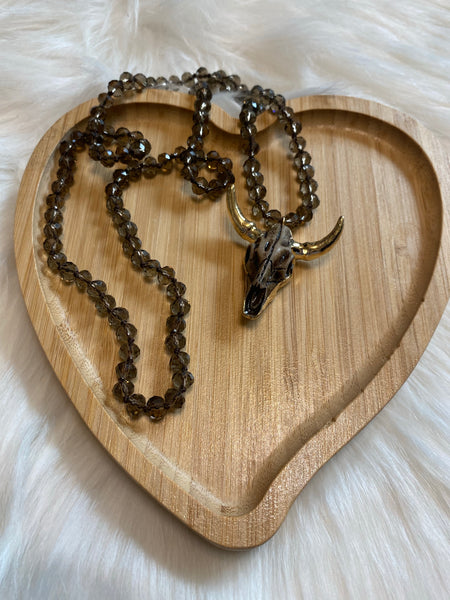 Stone Longhorn Cow Skull 30in Beaded Necklace
