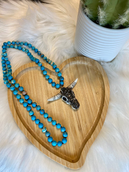 Stone Longhorn Cow Skull 30in Beaded Necklace