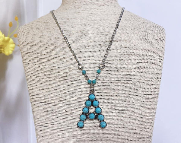 Western Boho Turquoise Initial Letter Pendant Chain Necklace