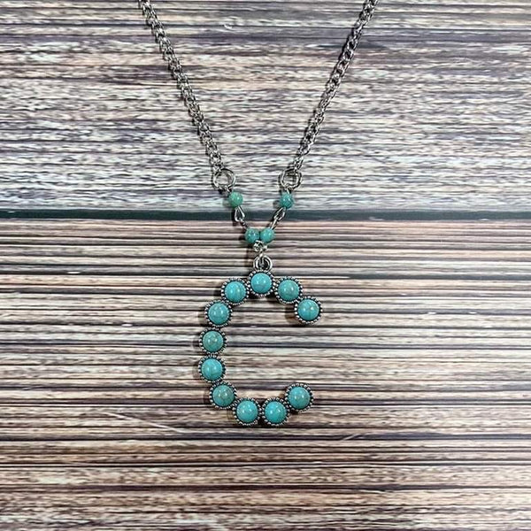 Western Boho Turquoise Initial Letter Pendant Chain Necklace