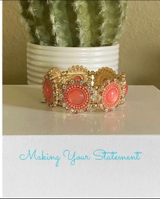 Coral Bead and Rhinestone Bracelet