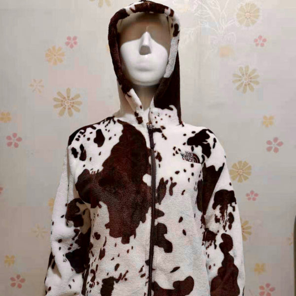 Brown Cow Print Fleece Zipper Hoodie