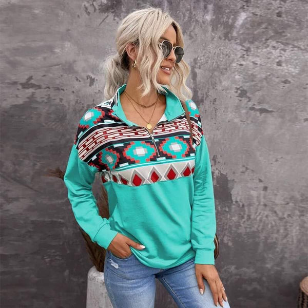 Teal Aztec Print Colorblock Zipper Collar Sweatshirt