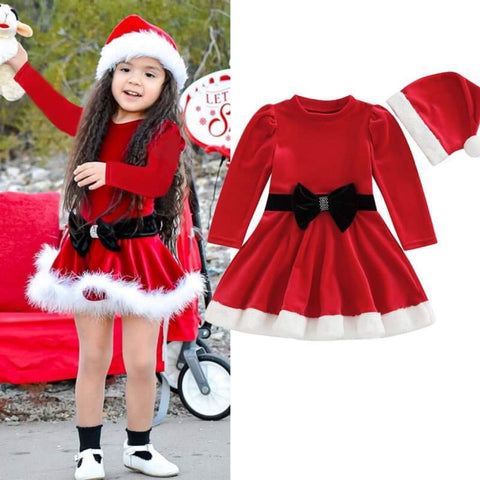 Girls Christmas Santa Long Sleeve Velvet Dress