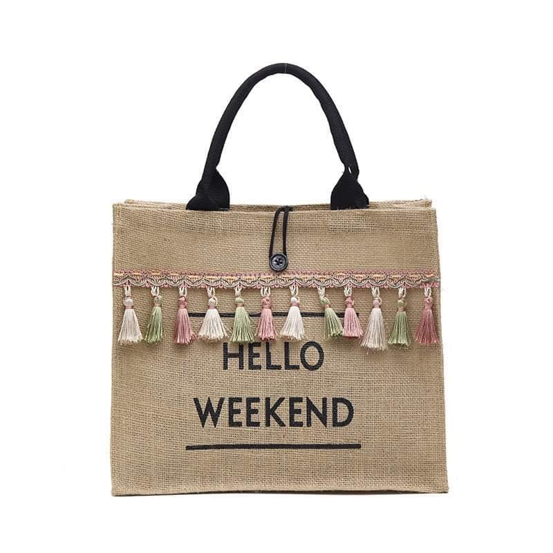 New Womens Hello Weekend Linen Tassel Reusable Shopping Shoulder Tote Bag