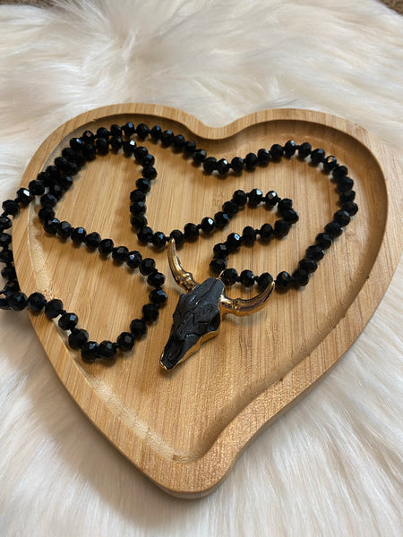 Stone Longhorn Cow Skull 30in Beaded Necklace