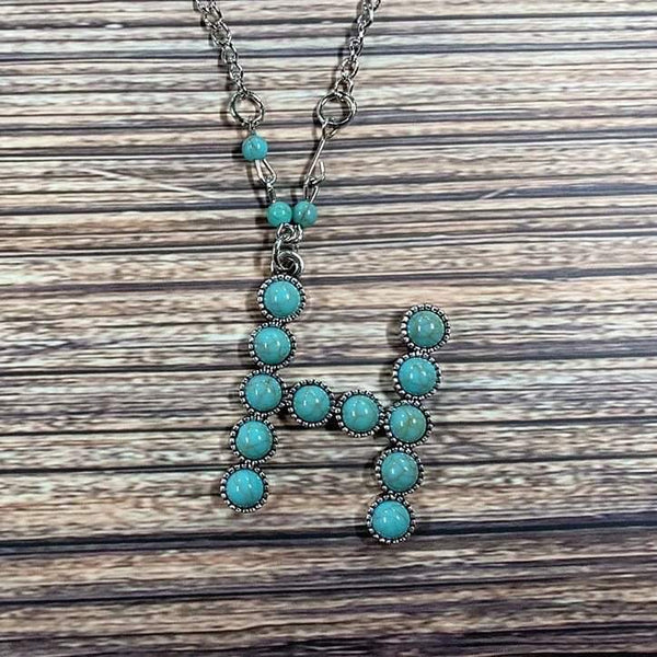 Western Boho Turquoise Initial Letter Pendant Chain Necklace