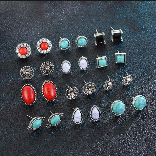 12 Pair Set Womens Marble Acrylic Fashion Stud Earrings