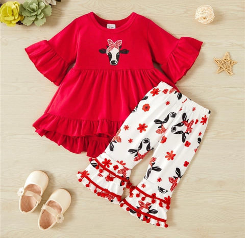 Girls Red Cow Bell Sleeve Tassel Set