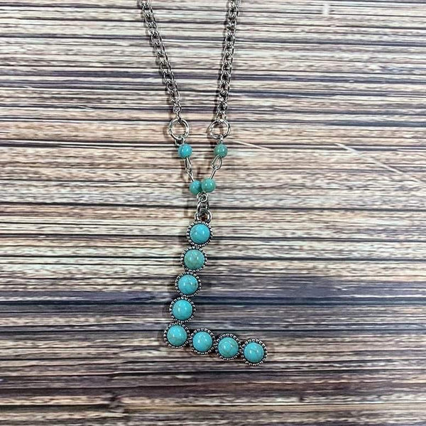 Western Boho Turquoise Initial Letter Pendant Chain Necklace