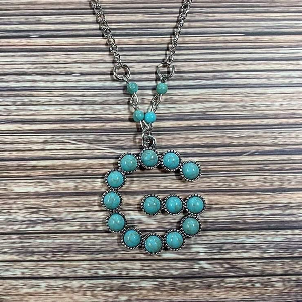 Western Boho Turquoise Initial Letter Pendant Chain Necklace