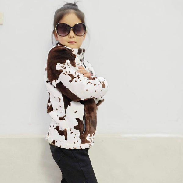 Brown Cow Print Fleece Zipper Hoodie
