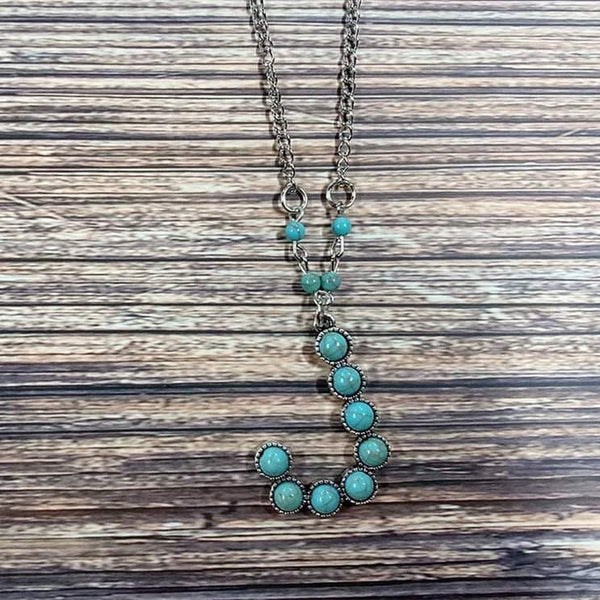 Western Boho Turquoise Initial Letter Pendant Chain Necklace