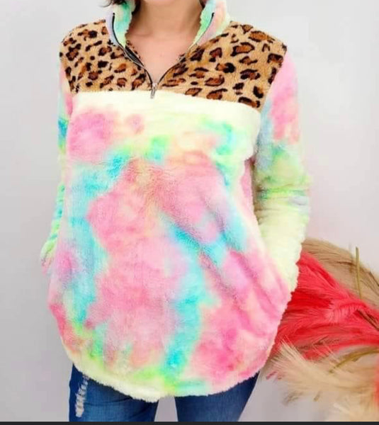 Tie Dye Leopard Color Block Pullover
